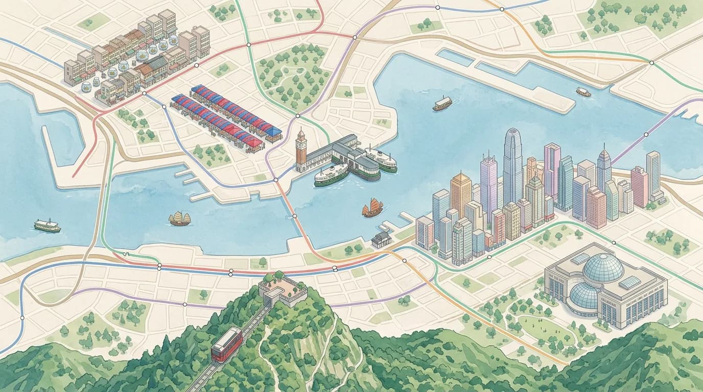 Illustrated grammar trail map of Hong Kong landmarks