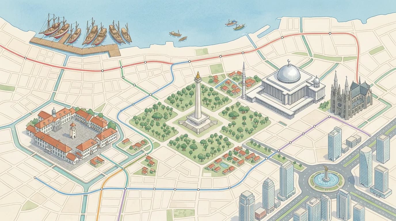 Illustrated tense expedition map of Jakarta landmarks