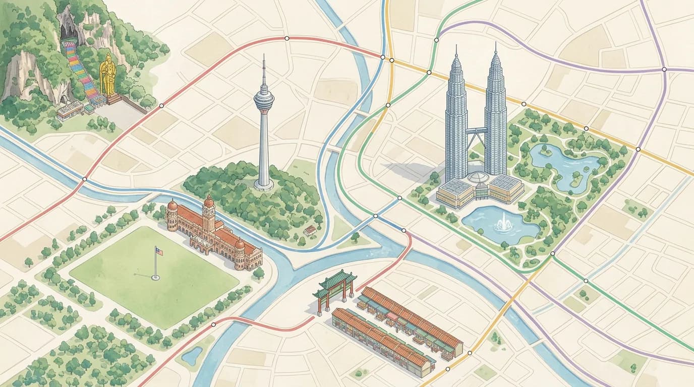 Illustrated phrase trail map of Kuala Lumpur landmarks