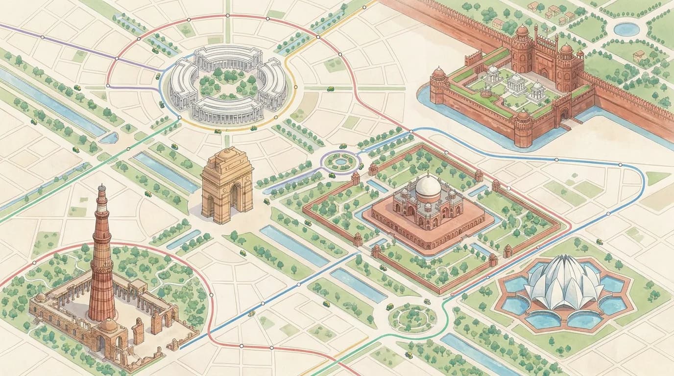 Illustrated pronoun route map of New Delhi landmarks