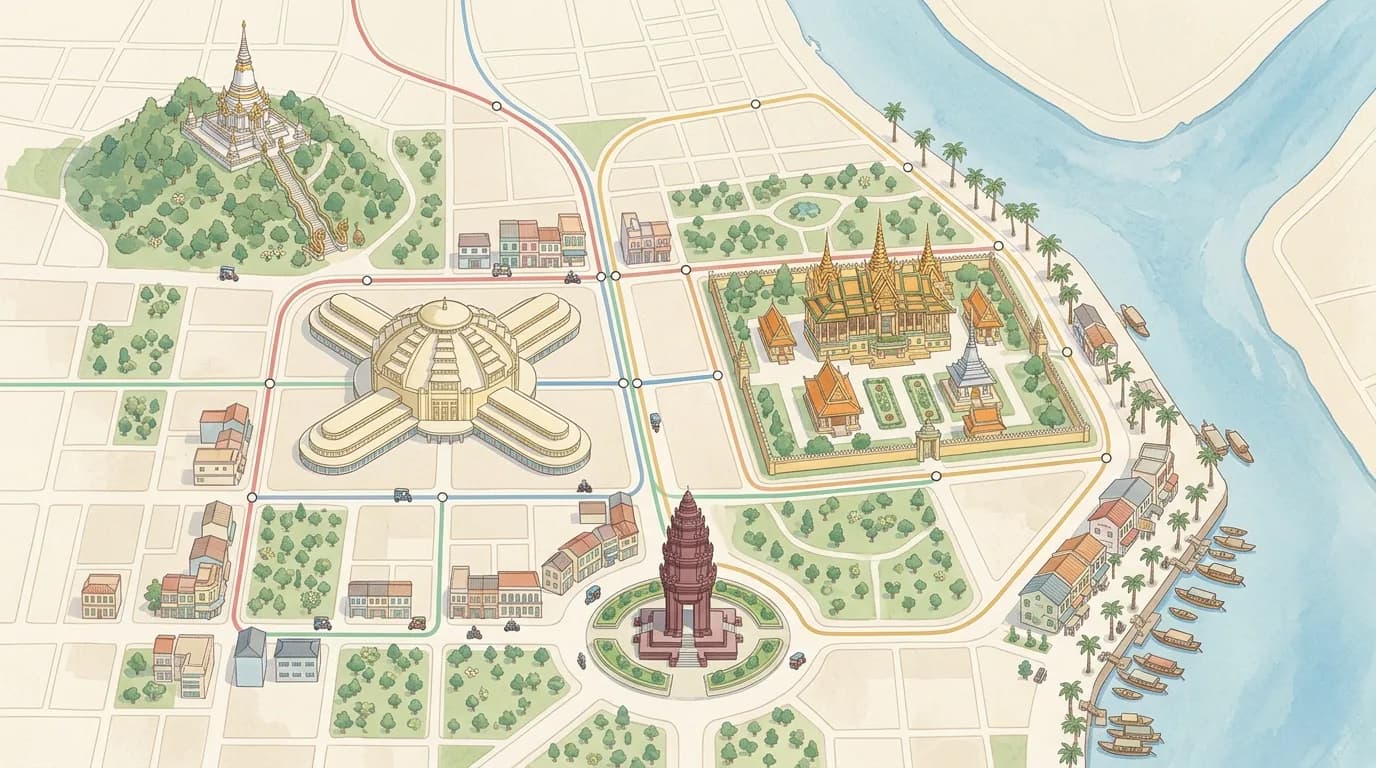 Illustrated question quest map of Phnom Penh landmarks